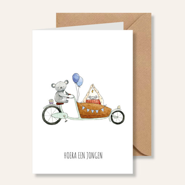 Juulz Illustrations Wenskaart Bakfiets Hoera een Jongen