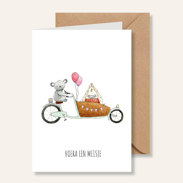 Juulz Illustrations Wenskaart Bakfiets Hoera een Meisje