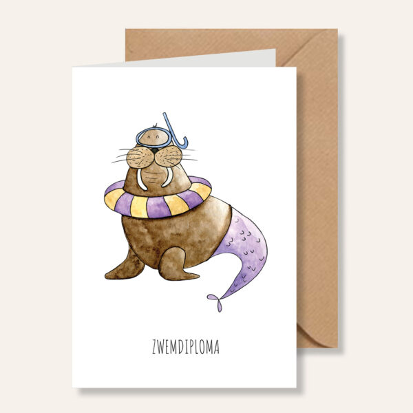 Juulz Illustrations Wenskaart Walrus Zwemdiploma