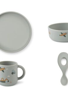 Liewood Vivi Siliconen servies set met print Vehicles Dove Blue mix