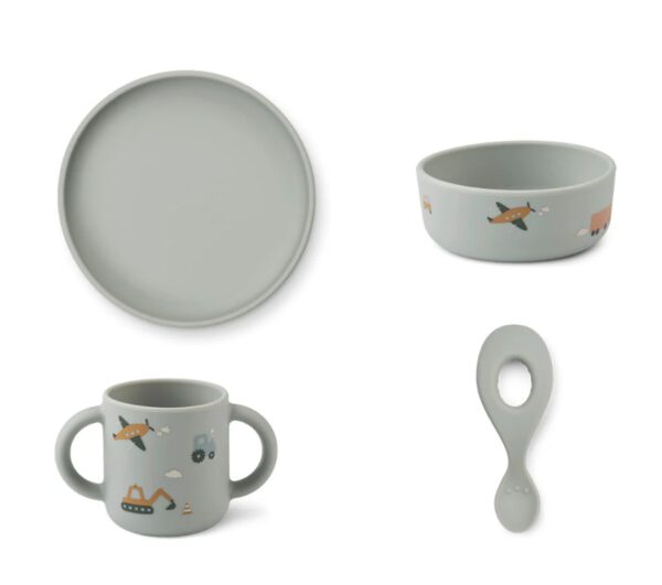 Liewood Vivi Siliconen servies set met print Vehicles Dove Blue mix